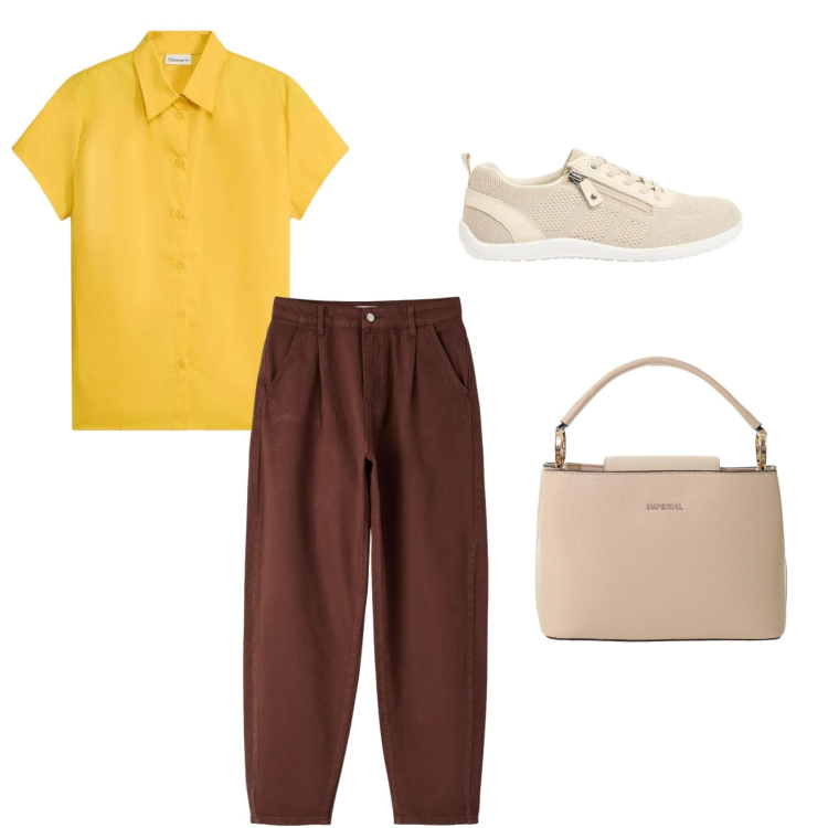 Outfit donna - Sole terroso. Stile Casual per Tutti i giorni. Abbinamento con sneakers, camicie a manica corta, pantaloni, borse a secchiello.