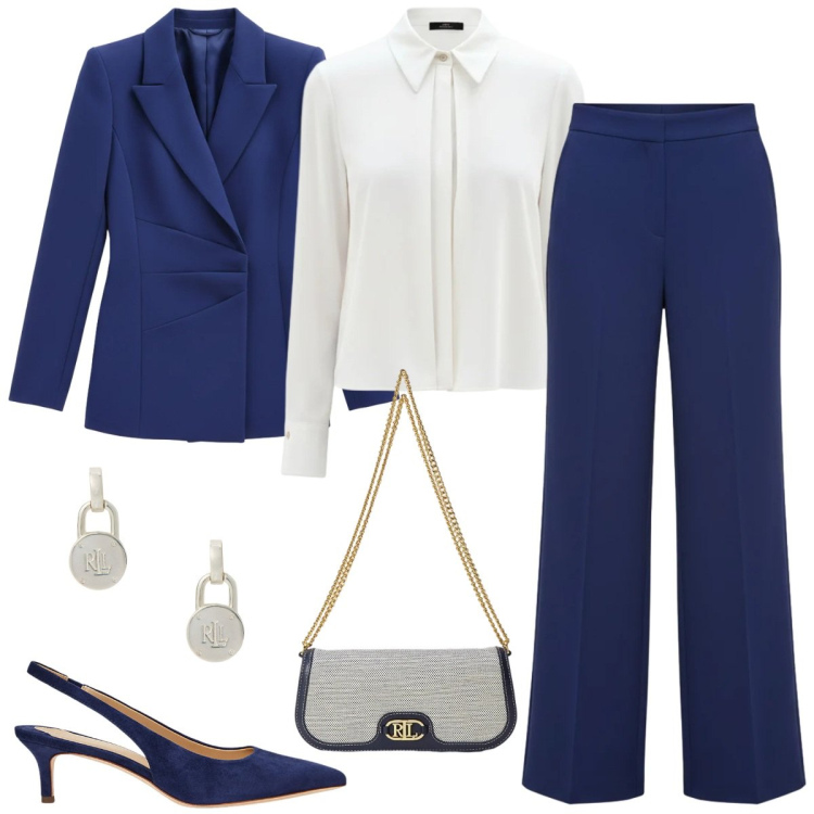 Outfit donna - Rinascimento Spring Elegance. Stile Mannish per Ufficio. Abbinamento con pantaloni a palazzo, blazer, camicie, décolleté, borse a spalla, orecchini.