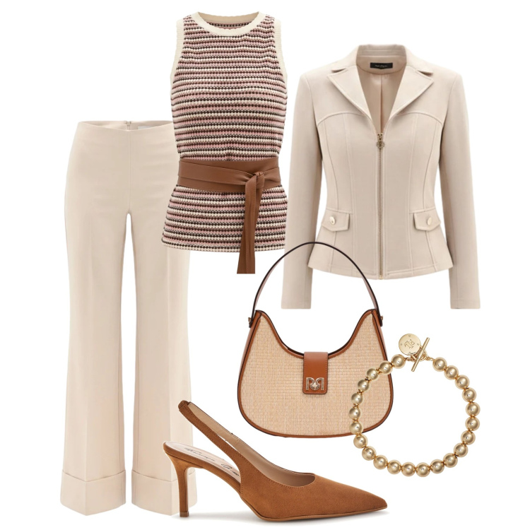 Outfit donna - Aperitivo elegante. Stile Glamour per Tutti i giorni. Abbinamento con blazer, pantaloni a palazzo, canottiere, borse a spalla, braccialetti, décolleté.