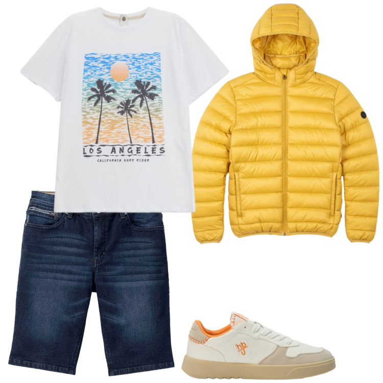 Outfit uomo - Il piumino leggero perfetto per primaver. Stile Casual per Tutti i giorni. Abbinamento con bermuda, t-shirt, sneakers, bomber.