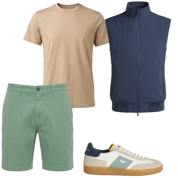 Outfit uomo - Relax. Stile Casual per Tutti i giorni. Abbinamento con t-shirt, gilet, bermuda, sneakers.