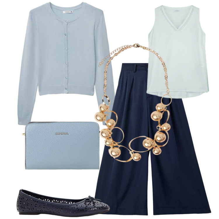 Outfit donna - Total look #2386666. Stile Bon Ton per Ufficio. Abbinamento con ballerine, pantaloni, cardigans, borse a tracolla, collane, top.