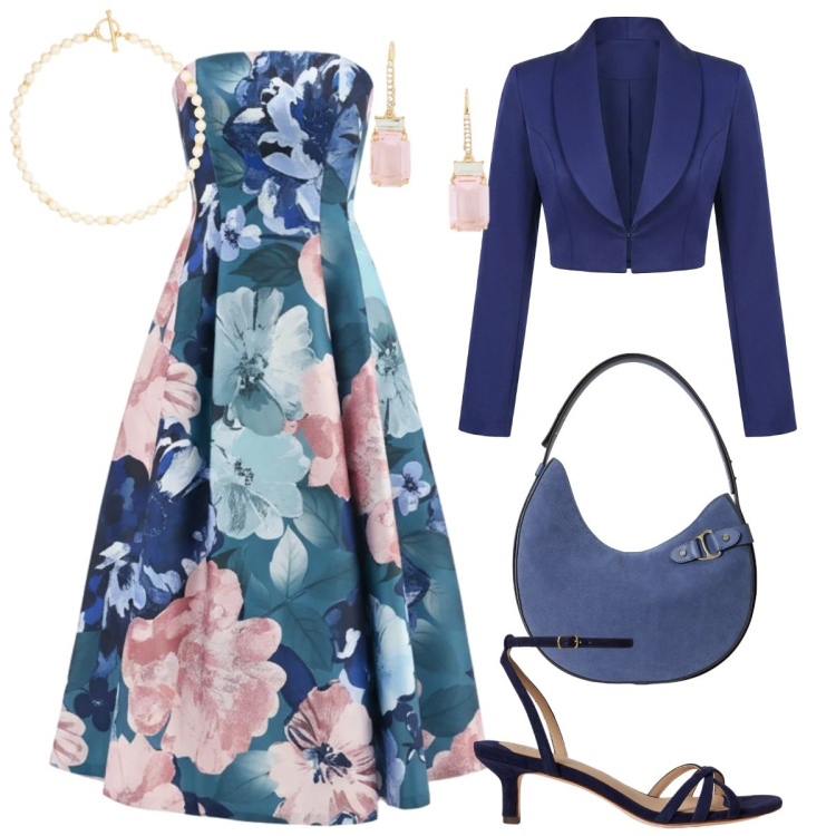 Outfit donna - Rinascimento Spring Elegance. Stile Romantica per Cerimonia. Abbinamento con bolero, vestiti midi/longuette, borse a spalla, orecchini, collane, sandali col tacco.