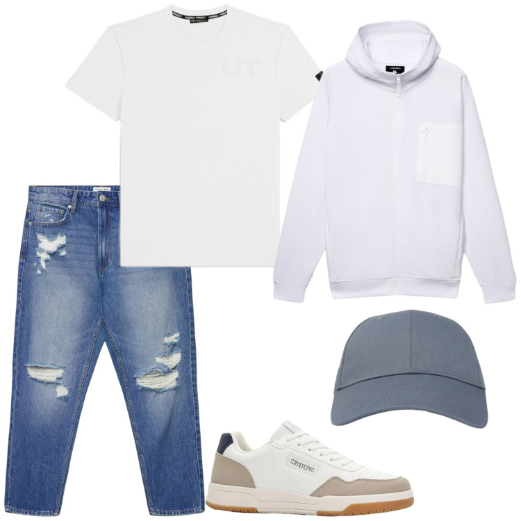 Outfit uomo - Teens. Stile Casual per Tutti i giorni. Abbinamento con sneakers, felpe con cappuccio, cappelli con visiera, jeans strappati, t-shirt.