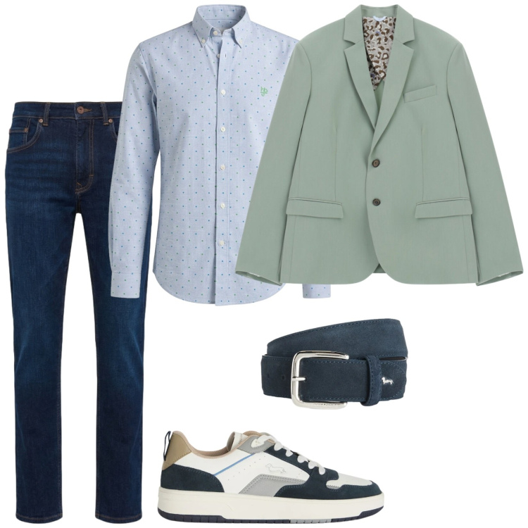 Outfit uomo - Uno stile tutto suo. Stile Business/Elegante per Ufficio. Abbinamento con giacche, camicie, cinture, jeans, sneakers.