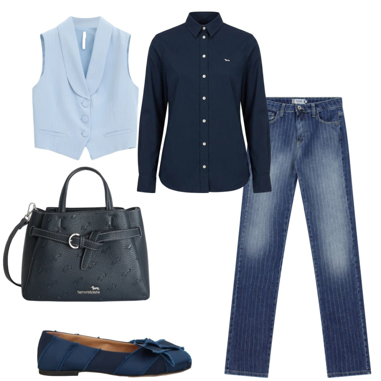 Outfit donna - Total look #2386673. Stile Casual chic per Ufficio. Abbinamento con ballerine, borse a mano, camicie, jeans, gilet.