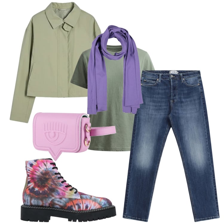 Outfit donna - Total look #2386677. Stile Trendy per Tutti i giorni. Abbinamento con stivaletti, marsupi, sciarpe, t-shirt, jeans, bomber.