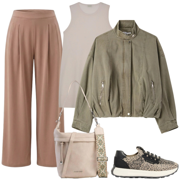 Outfit donna - In libertà. Stile Casual per Tutti i giorni. Abbinamento con sneakers, borse a tracolla, pantaloni, bomber, bluse.
