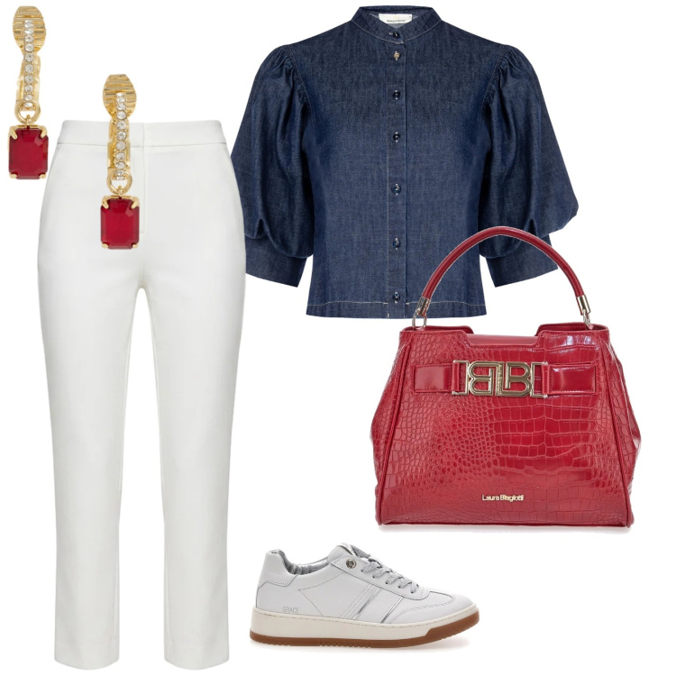 Outfit donna - Quotidianità rinascimento. per Tutti i giorni. Abbinamento con camicie a manica corta, pantaloni, orecchini, sneakers, borse a mano.