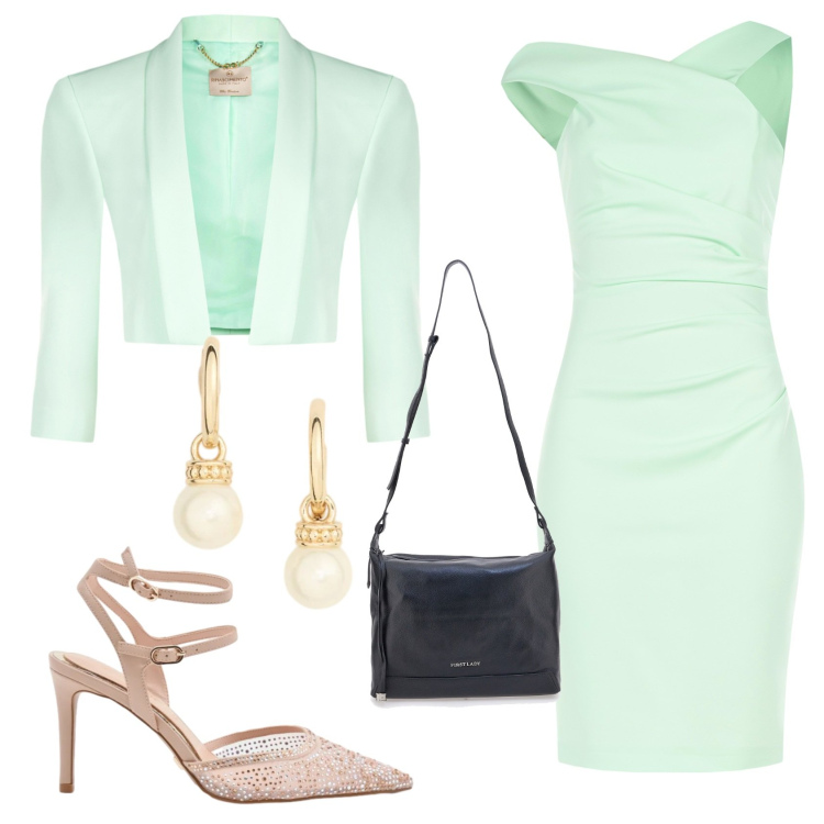 Outfit donna - Cerimonia. Stile Chic per Cerimonia. Abbinamento con vestiti asimmetrici, bolero, décolleté, orecchini, borse a tracolla.