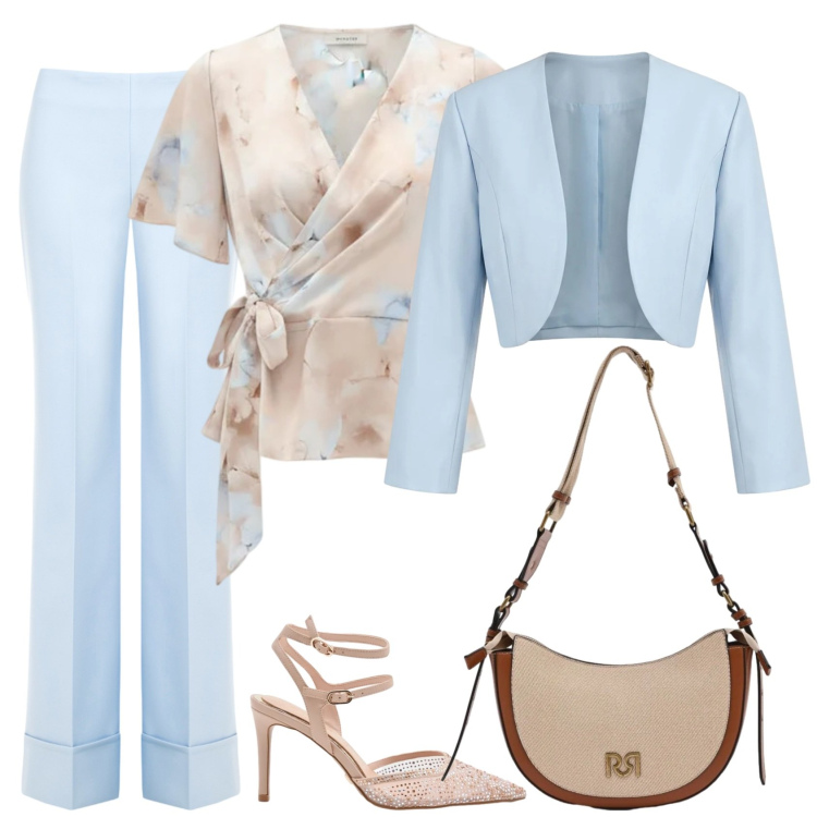 Outfit donna - Elegante in celeste. Stile Chic per Cerimonia. Abbinamento con bolero, décolleté, pantaloni a palazzo, bluse, borse a tracolla.
