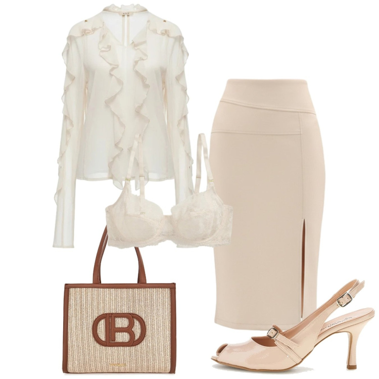 Outfit donna - Rinascimento Spring Elegance. Stile Chic per Ufficio. Abbinamento con bluse, gonne longuette, reggiseni, décolleté, borse a spalla.