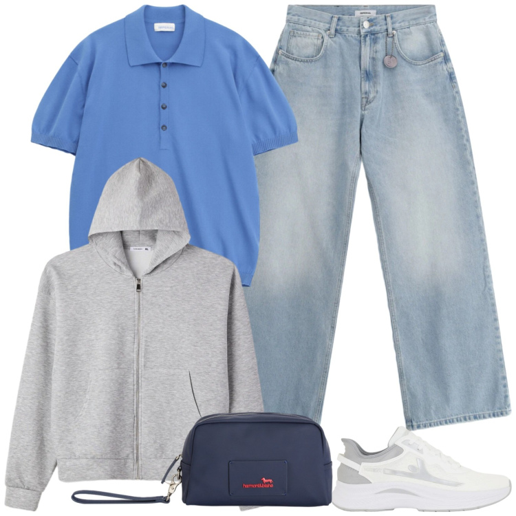 Outfit uomo - Sporty city. Stile Casual per Tutti i giorni. Abbinamento con felpe con cappuccio, jeans, polo, borse sportive, sneakers.