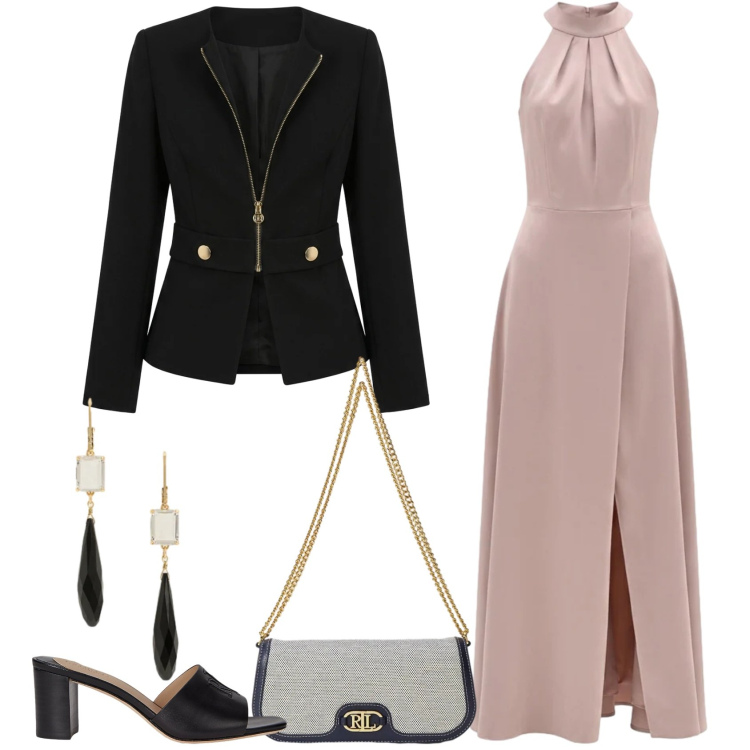 Outfit donna - Rosa e nero. Stile Romantica per Serata fuori. Abbinamento con blazer, vestiti lunghi, orecchini, sandali in pelle, borse a spalla.