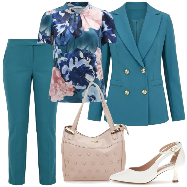 Outfit donna - Primavera in tailleur. Stile Romantica per Ufficio. Abbinamento con blazer, pantaloni, bluse, shopping bag, décolleté.