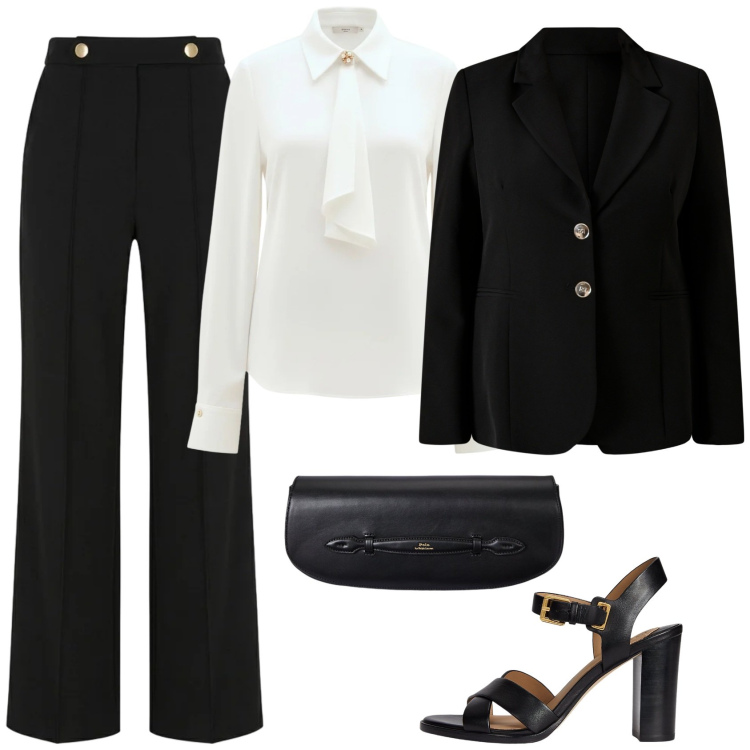 Outfit donna - Un classico. Stile Chic per Cerimonia. Abbinamento con camicie, blazer, pantaloni, clutch, sandali in pelle.