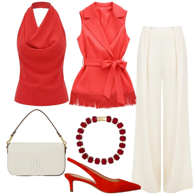 Outfit donna - Rinascimento Spring Elegance. Stile Glamour per Cerimonia. Abbinamento con gilet, pantaloni a palazzo, canottiere, décolleté, braccialetti, borse a spalla.