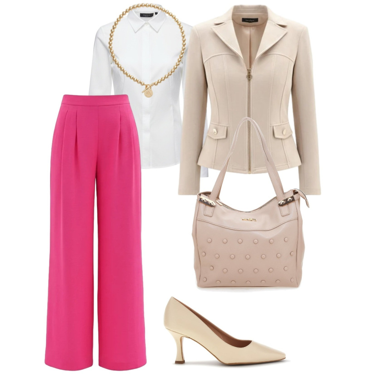 Outfit donna - Rinascimento lavoro. per Scuola/Università. Abbinamento con camicie, blazer, pantaloni a palazzo, collane, shopping bag, décolleté.