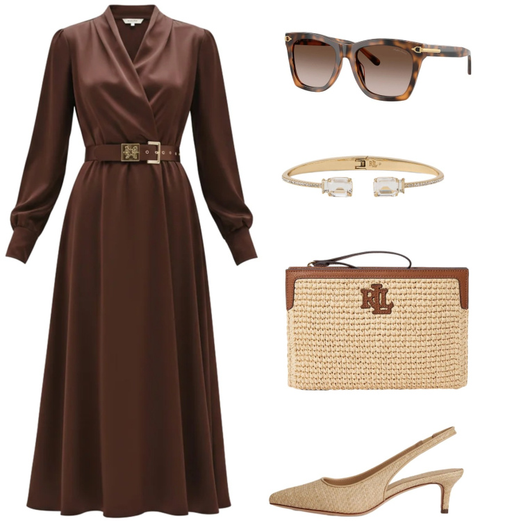Outfit donna - Cioccolato. Stile Chic per Serata fuori. Abbinamento con vestiti midi/longuette, occhiali da sole, braccialetti, décolleté, pochette.