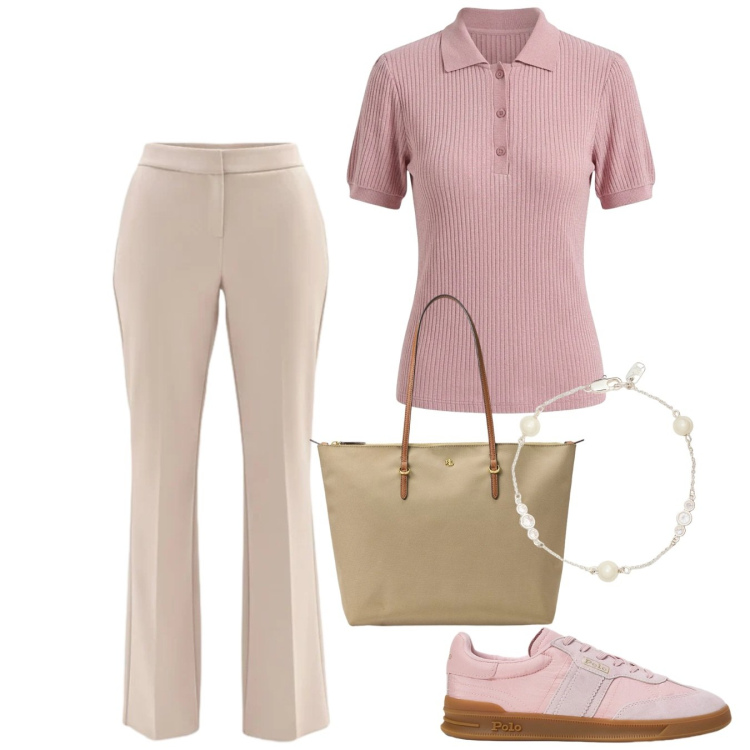 Outfit donna - Rinascimento Spring Elegance. Stile Basic per Tutti i giorni. Abbinamento con pantaloni, polo, braccialetti, sneakers, borse tote.
