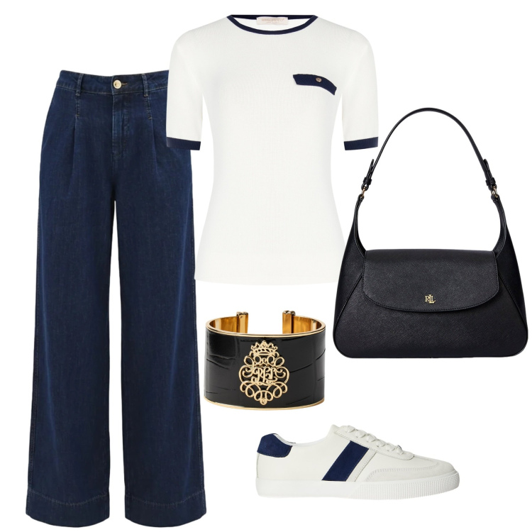 Outfit donna - Rinascimento Spring Elegance. Stile Casual per Tutti i giorni. Abbinamento con jeans dritti, t-shirt, braccialetti, borse a spalla, sneakers.