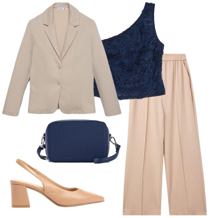 Outfit donna - Monospalla blu. Stile Chic per Tutti i giorni. Abbinamento con top, borse a tracolla, décolleté, pantaloni, blazer.