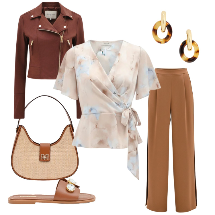 Outfit donna - Raffinatezza Urbana in Toni Caldi. Stile Casual chic per Ufficio. Abbinamento con bluse, borse a spalla, sandali gioiello, giacche, pantaloni a palazzo, orecchini.