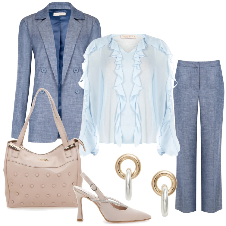 Outfit donna - Sky Breeze. Stile Casual chic per Tutti i giorni. Abbinamento con blazer, bluse, pantaloni, orecchini, décolleté, shopping bag.