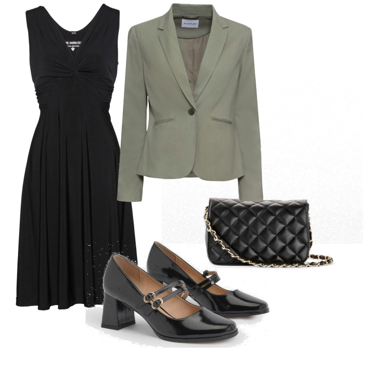 Outfit femme - La petite robe noire. Style Glamour pour Soirée dehors. Assortir avec blazers, robes longues, sacs en bandoulière, chaussures à talon.