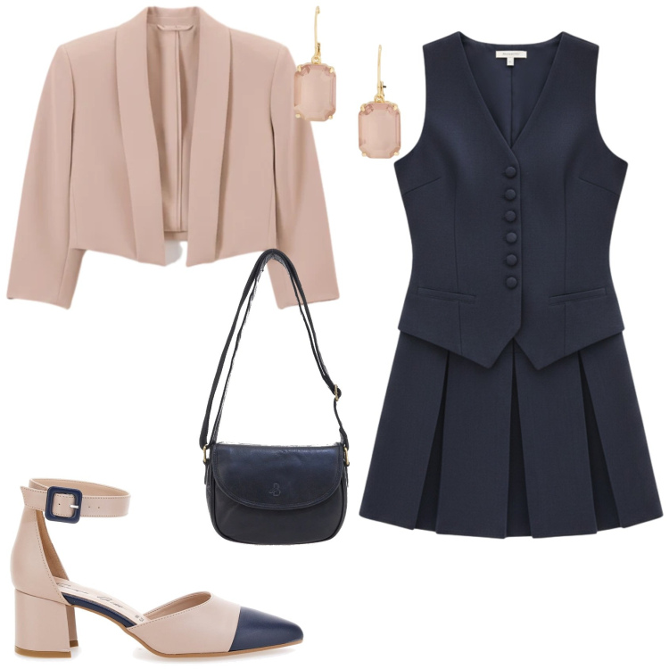 Outfit donna - Chic ufficio tempo libero. Stile Chic per Tutti i giorni. Abbinamento con vestiti corti, bolero, orecchini, décolleté, borse a tracolla.
