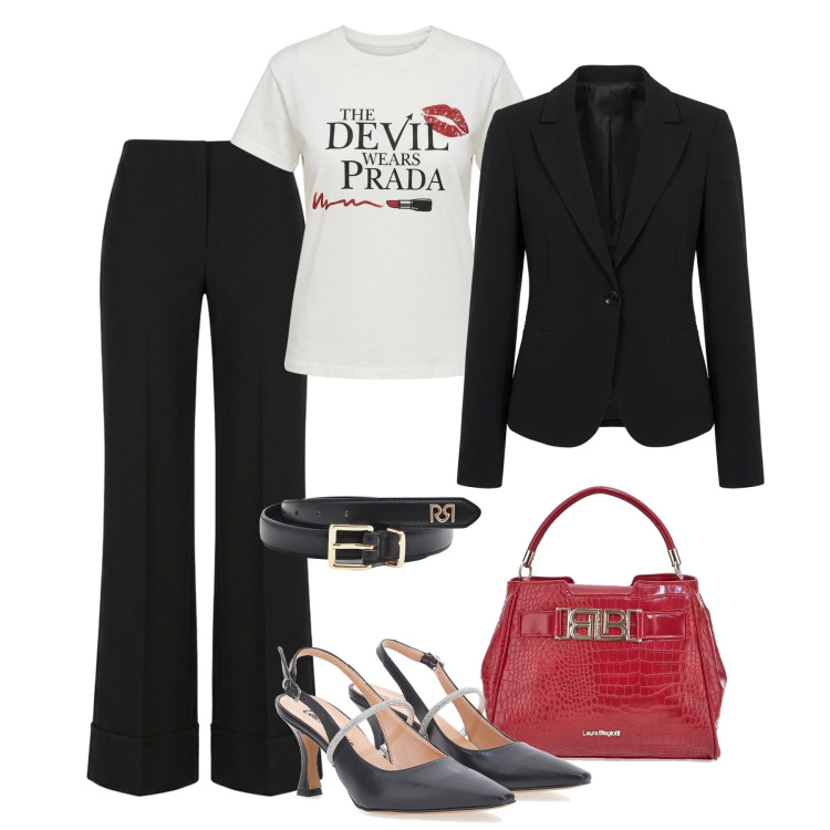 Outfit donna - Daily Spring Elegance. Stile Trendy per Tutti i giorni. Abbinamento con t-shirt, blazer, cinture, pantaloni, décolleté, borse a mano.
