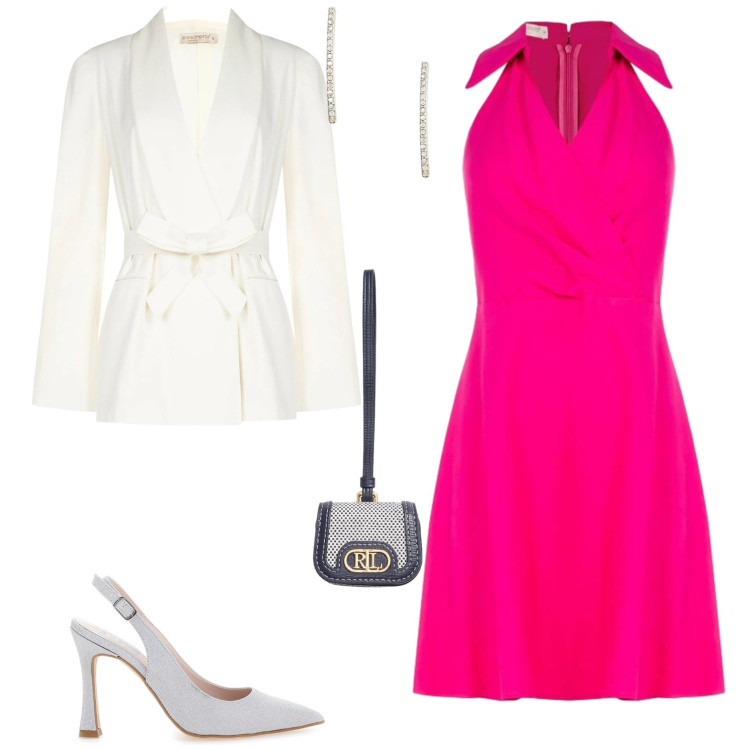 Outfit donna - Chic serata evento speciale. Stile Chic per Serata fuori. Abbinamento con vestiti corti, blazer, orecchini, pochette, décolleté.