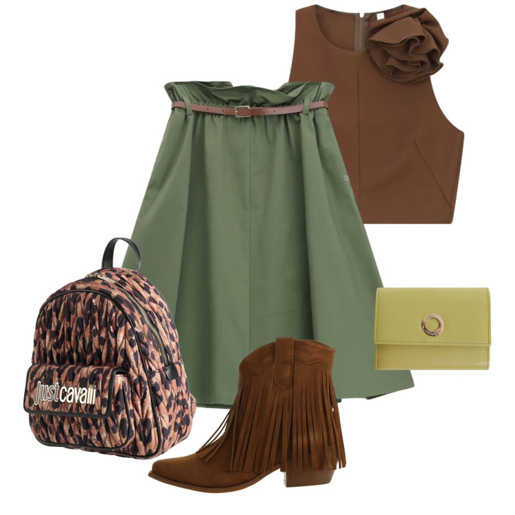 Outfit donna - Total look #2386741. Stile Casual per Ufficio. Abbinamento con zaini, top, stivaletti texani, portafogli, gonne longuette.