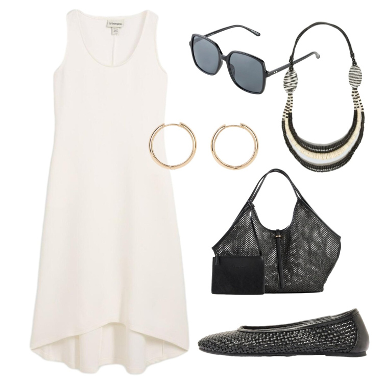 Outfit donna - Leggerezza con stile. Stile Minimal per Tutti i giorni. Abbinamento con vestiti, shopping bag, orecchini, occhiali da sole, ballerine, collane.