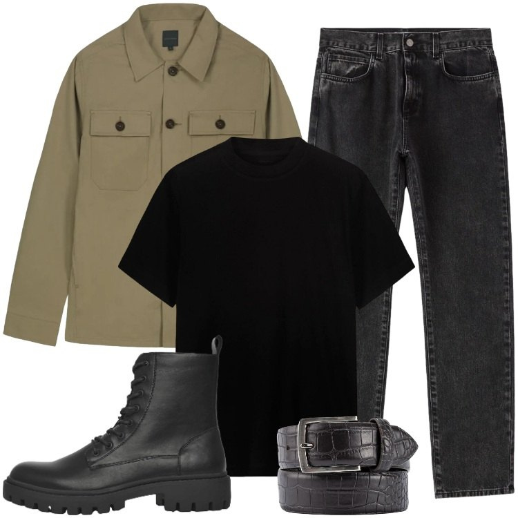 Outfit uomo - Total look #2386754. Stile Biker Rock per Tutti i giorni. Abbinamento con jeans dritti, anfibi, t-shirt, cinture, cappotti.