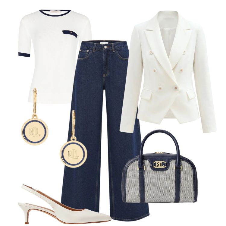 Outfit donna - Chic in jeans. Stile Casual chic per Ufficio. Abbinamento con t-shirt, jeans, blazer, décolleté, orecchini, borse a mano.