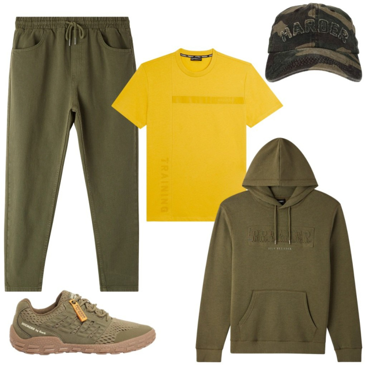 Outfit uomo - #felpa.con.cappuccio. Stile Urban per Tutti i giorni. Abbinamento con sneakers, pantaloni, felpe con cappuccio, cappelli con visiera, t-shirt.