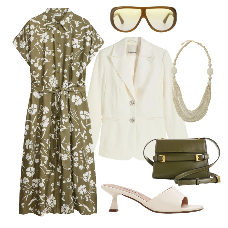 Outfit donna - Giornata con stile. Stile Chic per Tutti i giorni. Abbinamento con ciabatte, borse a tracolla, vestiti, blazer, occhiali da sole, collane.
