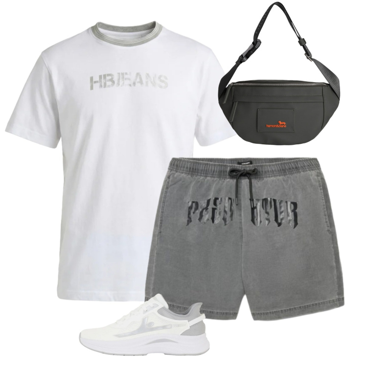 Outfit uomo - Week all\'aperto. Stile Urban per Sport. Abbinamento con bermuda, borse sportive, t-shirt, sneakers.