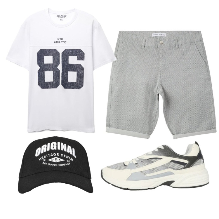Outfit uomo - #original.1986. Stile Urban per Tutti i giorni. Abbinamento con pantaloni corti, sneakers, cappelli con visiera, t-shirt sportive.