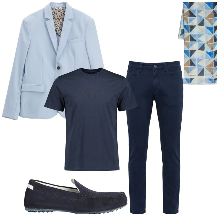 Outfit uomo - Total look #2386770. Stile Trendy per Serata speciale. Abbinamento con giacche, scarpe stringate, t-shirt, sciarpe, pantaloni.