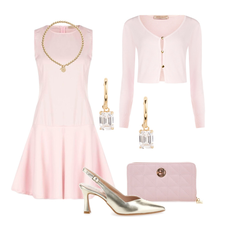 Outfit donna - Cerimonia rosa pastello. Stile Chic per Cerimonia. Abbinamento con vestiti corti, cardigans, collane, orecchini, portafogli, décolleté.