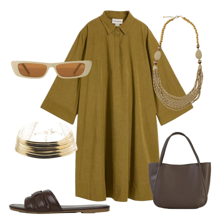 Outfit donna - Abito fluido. Stile Chic per Mare. Abbinamento con shopping bag, vestiti, ciabatte, collane, occhiali da sole, braccialetti.