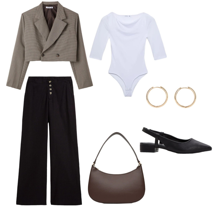 Outfit donna - Total look #2386775. Stile Casual chic per Tutti i giorni. Abbinamento con décolleté, pantaloni a palazzo, orecchini, blazer, t-shirt, borse a tracolla.
