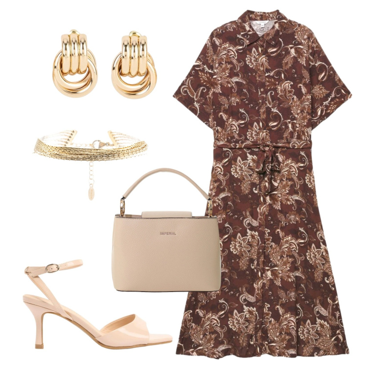 Outfit donna - Abito in viscosa. Stile Chic per Cerimonia. Abbinamento con orecchini, sandali col tacco, vestiti chemisier, borse a secchiello, braccialetti.
