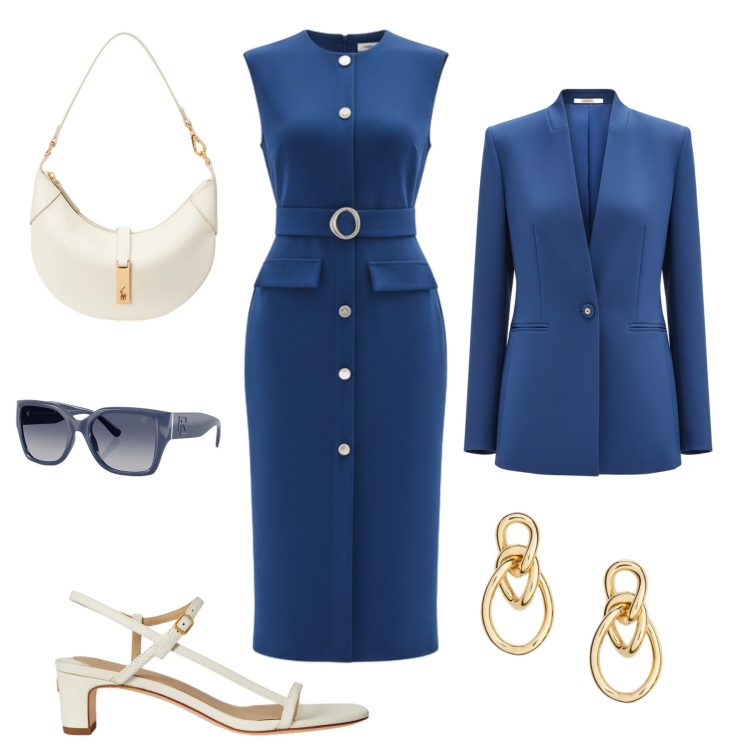 Outfit donna - Evento formale. Stile Glamour per Serata fuori. Abbinamento con blazer, vestiti midi/longuette, sandali in pelle, occhiali da sole, orecchini, borse a spalla.