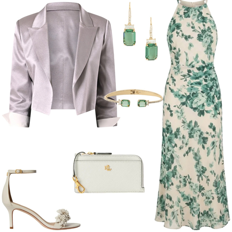 Outfit donna - L\'abito protagonista. Stile Glamour per Cerimonia. Abbinamento con vestiti lunghi, bolero, sandali in pelle, portafogli, orecchini, braccialetti.