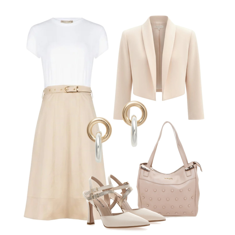 Outfit donna - Spring Elegance versatile. Stile Glamour per Serata fuori. Abbinamento con vestiti midi/longuette, bolero, orecchini, décolleté, shopping bag.