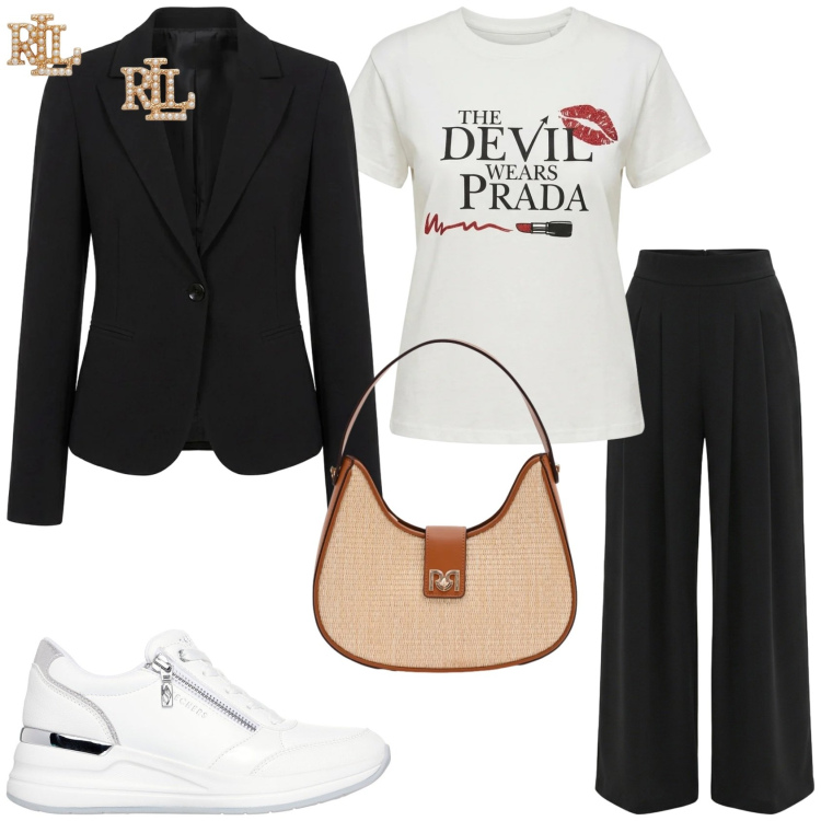 Outfit donna - Casual chic. Stile Casual chic per Ufficio. Abbinamento con t-shirt, blazer, pantaloni a palazzo, borse a spalla, orecchini, sneakers alte.