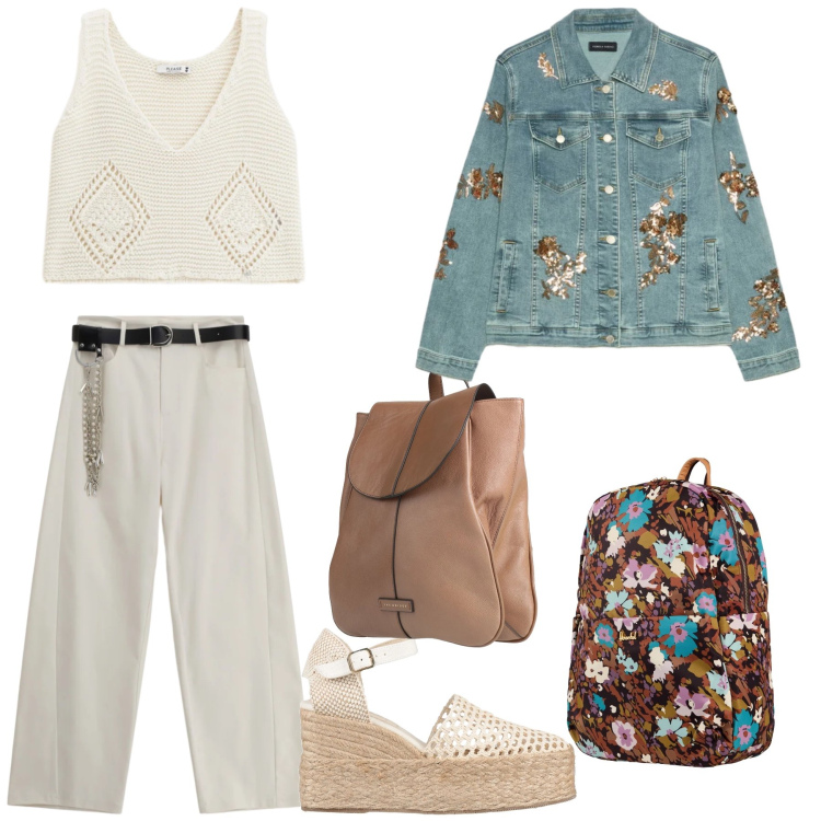 Outfit donna - Un fine settimana a casa di amici. Stile Sporty chic per Tutti i giorni. Abbinamento con espadrillas, valigie, zaini, blazer, top, pantaloni a palazzo.